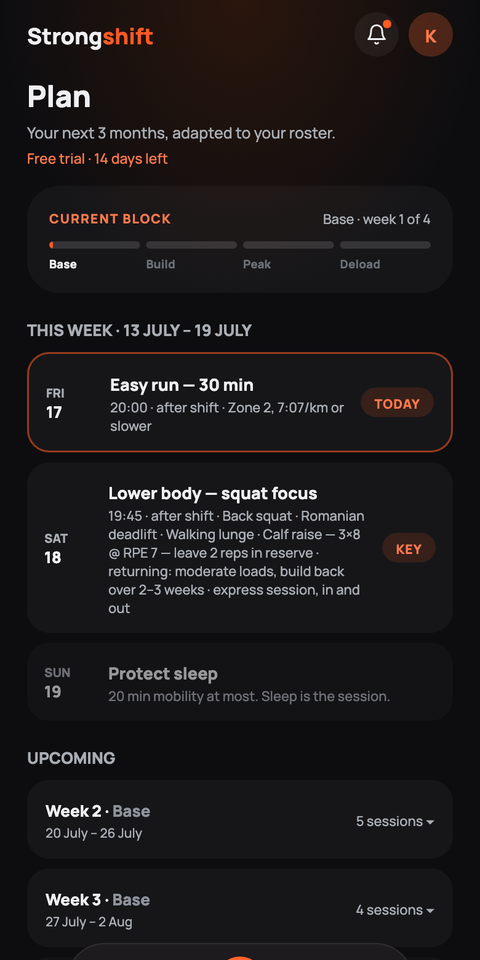 Strongshift fortnight plan screen