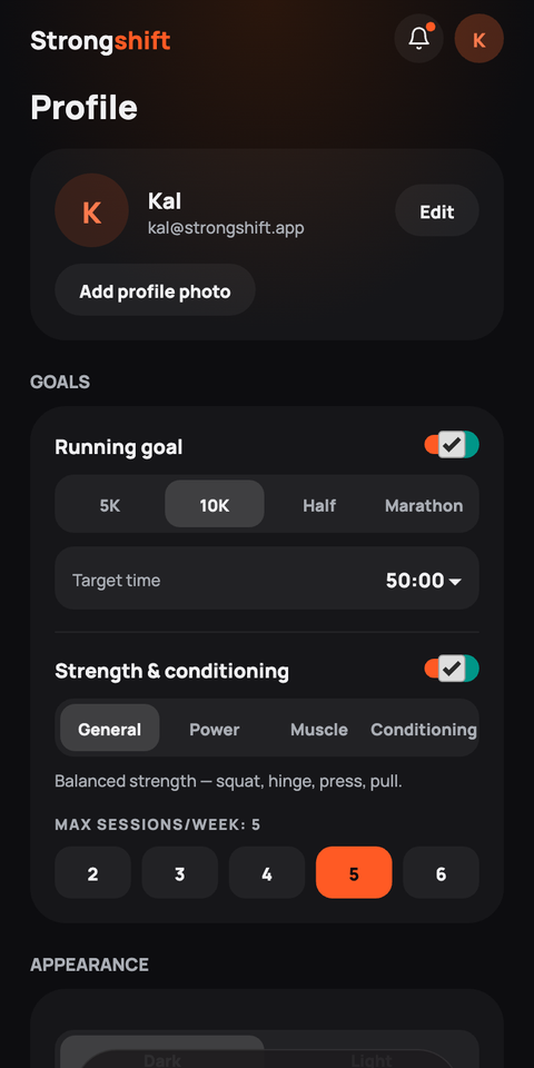 Strongshift profile screen