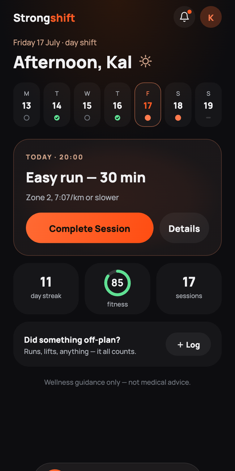 Strongshift today screen with the day's session